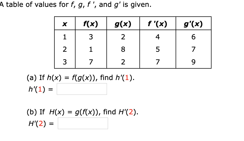 A table of values for f, g, f ', and g' is given.
f(x)
g(x)
f '(x)
g'(x)
1
3
2
4
6
1
8
5
7
3
7
2
7
9.
(a) If h(x) = f(g(x)), find h'(1).
h'(1) =
%3D
(b) If H(x) = g(F(x)), find H'(2).
H'(2) =
