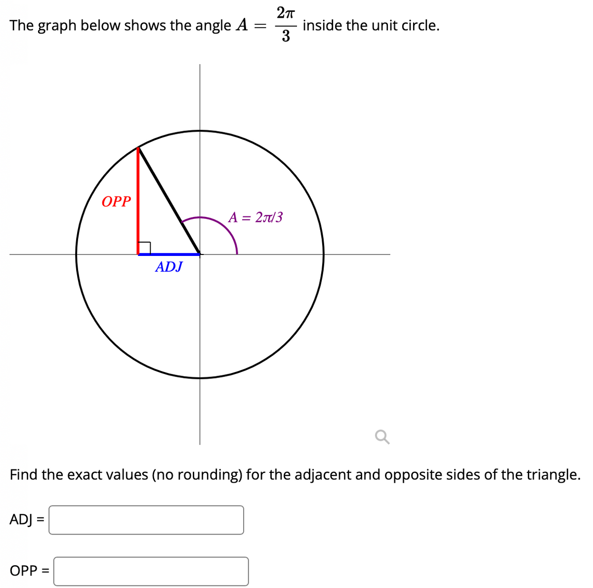 The graph below shows the angle A
ADJ =
OPP
OPP =
ADJ
=
2π
3
A = 2π/3
Find the exact values (no rounding) for the adjacent and opposite sides of the triangle.
inside the unit circle.