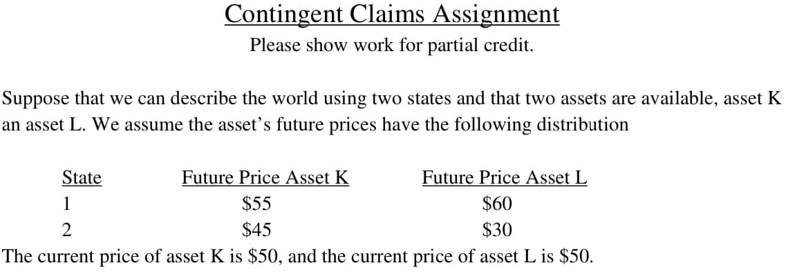Contingent Claims Assignment
Please show work for partial credit.
Suppose that we can describe the world using two states and that two assets are available, asset K
an asset L. We assume the asset's future prices have the following distribution
State
Future Price Asset K
Future Price Asset L
1
$55
$60
2
$45
$30
The current price of asset K is $50, and the current price of asset L is $50.
