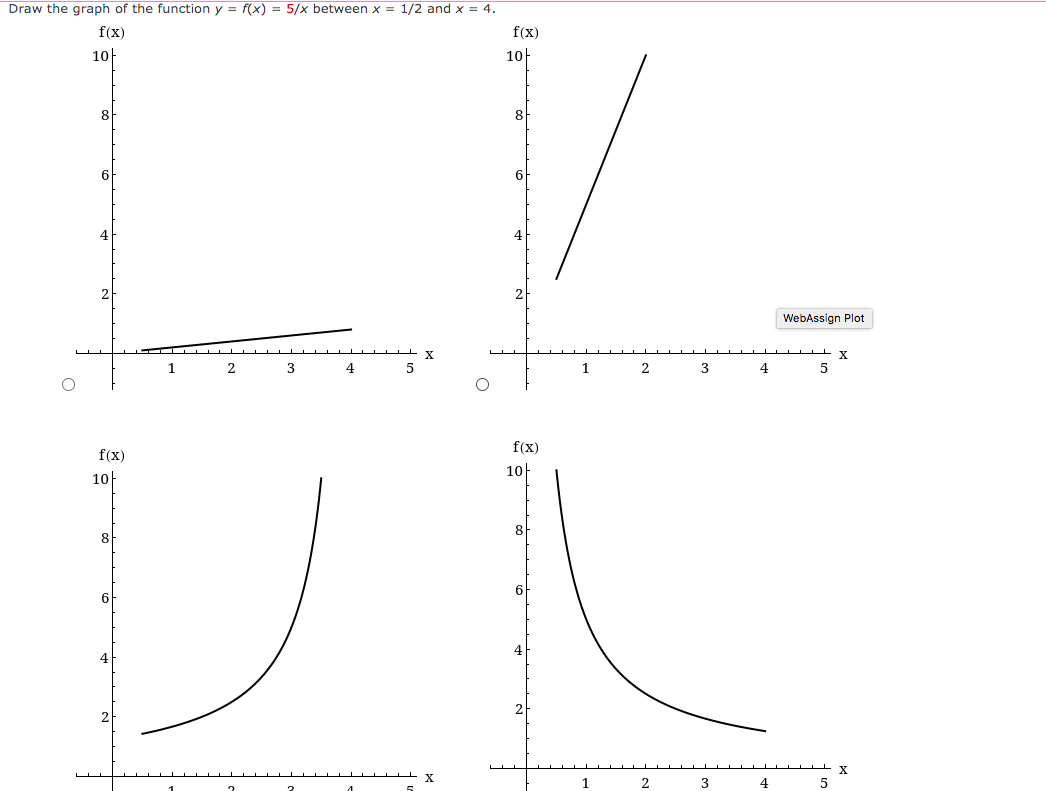 Draw the graph of the function y = f(x) = 5/x between x = 1/2 and x = 4.
f(x)
f(x)
10
10
8
8
6
4
2
WebAssign Plot
3
4
3
5
f(x)
f(x)
10-
10-
8
8
6
4
4
X
1
2
3
4
