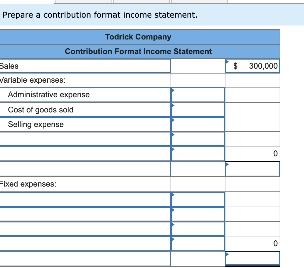 Prepare a contribution format income statement.
Todrick Company
Contribution Format Income Statement
Sales
$ 300,000
Variable expenses:
Administrative expense
Cost of goods sold
Selling expense
Fixed expenses:
