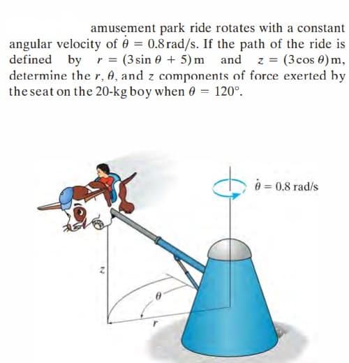 amusement park ride rotates with a constant
angular velocity of 0 = 0.8rad/s. If the path of the ride is
defined by r = (3sin 0 + 5) m and z = (3cos 0) m,
determine the r, A, and z components of force exerted by
the seat on the 20-kg boy when 0 = 120°.
e = 0.8 rad/s
