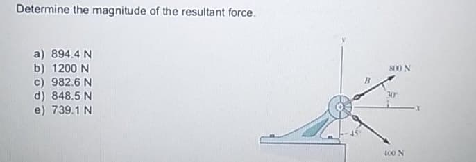 Determine the magnitude of the resultant force.
a) 894.4 N
b) 1200 N
c) 982.6 N
d) 848.5 N
e) 739.1 N
B
800 N
30r
400 N