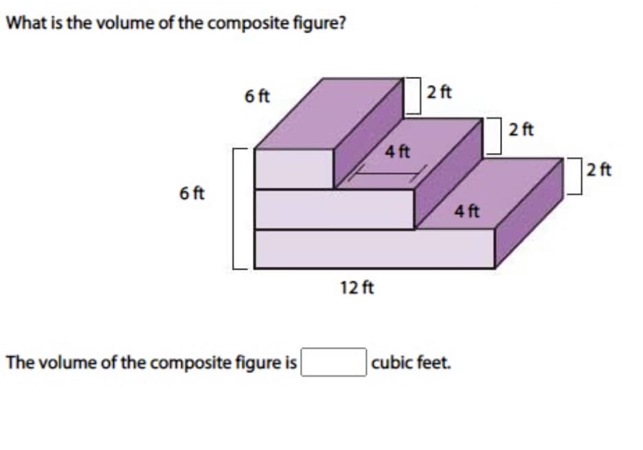 What is the volume of the composite figure?
6 ft
|2ft
| 2 ft
4 ft
2 ft
6 ft
4 ft
12 ft
The volume of the composite figure is
cubic feet.
