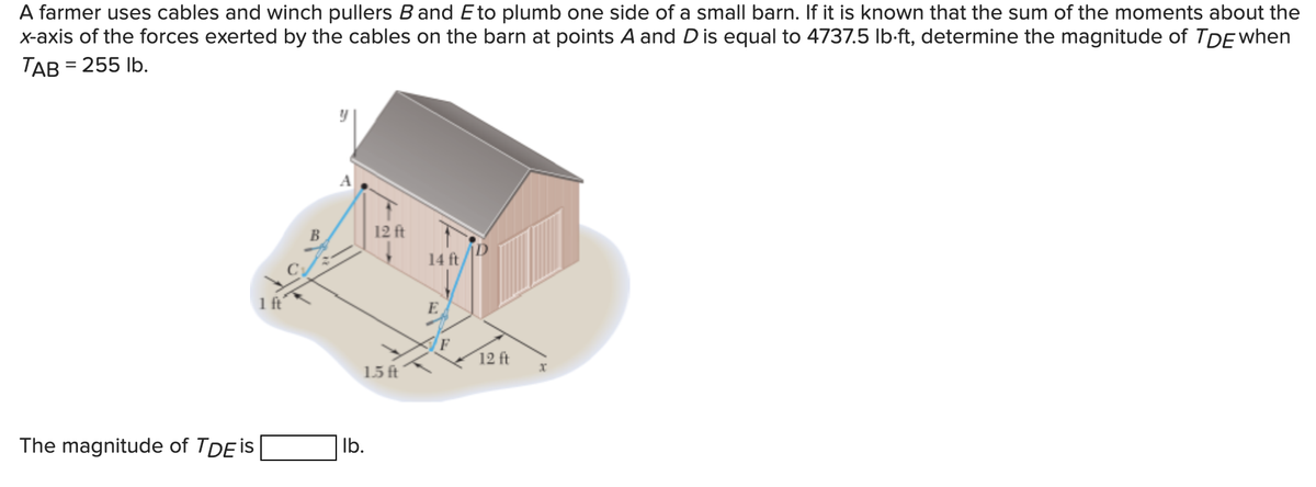 A farmer uses cables and winch pullers B and E to plumb one side of a small barn. If it is known that the sum of the moments about the
x-axis of the forces exerted by the cables on the barn at points A and D is equal to 4737.5 lb-ft, determine the magnitude of TDE when
TAB = 255 lb.
The magnitude of TDE is
1 ft
12 ft
1.5 ft
lb.
14 ft
E
F
12 ft
x