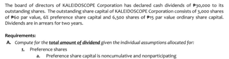 The board of directors of KALEIDOSCOPE Corporation has declared cash dividends of P30,000 to its
outstanding shares. The outstanding share capital of KALEIDOSCOPE Corporation consists of 3,000 shares
of P60 par value, 6% preference share capital and 6,500 shares of P15 par value ordinary share capital.
Dividends are in arrears for two years.
Requirements:
A. Compute for the total amount of dividend given the individual assumptions allocated for:
1. Preference shares
a. Preference share capital is noncumulative and nonparticipating
