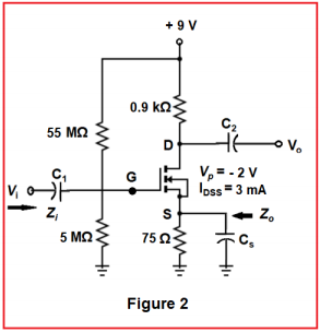 + 9 V
0.9 ko
C2
55 MQ
V,= - 2 V
Ioss =3 mA
G
z,
S
+ Z,
5 ΜΩ
752
Figure 2
ww
