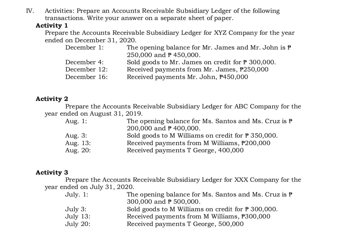 Activities: Prepare an Accounts Receivable Subsidiary Ledger of the following
transactions. Write your answer on a separate sheet of paper.
Activity 1
Prepare the Accounts Receivable Subsidiary Ledger for XYZ Company for the year
ended on December 31, 2020.
IV.
December 1:
The opening balance for Mr. James and Mr. John is P
250,000 andP 450,000.
Sold goods to Mr. James on credit for P 300,000.
Received payments from Mr. James, P250,000
Received payments Mr. John, P450,000
December 4:
December 12:
December 16:
Activity 2
Prepare the Accounts Receivable Subsidiary Ledger for ABC Company for the
year ended on August 31, 2019.
Aug. 1:
Aug. 3:
Aug. 13:
Aug. 20:
The opening balance for Ms. Santos and Ms. Cruz is P
200,000 and P 400,000.
Sold goods to M Williams on credit for P 350,000.
Received payments from M Williams, P200,000
Received payments T George, 400,000
Activity 3
Prepare the Accounts Receivable Subsidiary Ledger for XXX Company for the
year ended on July 31, 2020.
July. 1:
July 3:
July 13:
July 20:
The opening balance for Ms. Santos and Ms. Cruz is P
300,000 and P 500,000.
Sold goods to M Williams on credit for P 300,000.
Received payments from M Williams, P300,000
Received payments T George, 500,000

