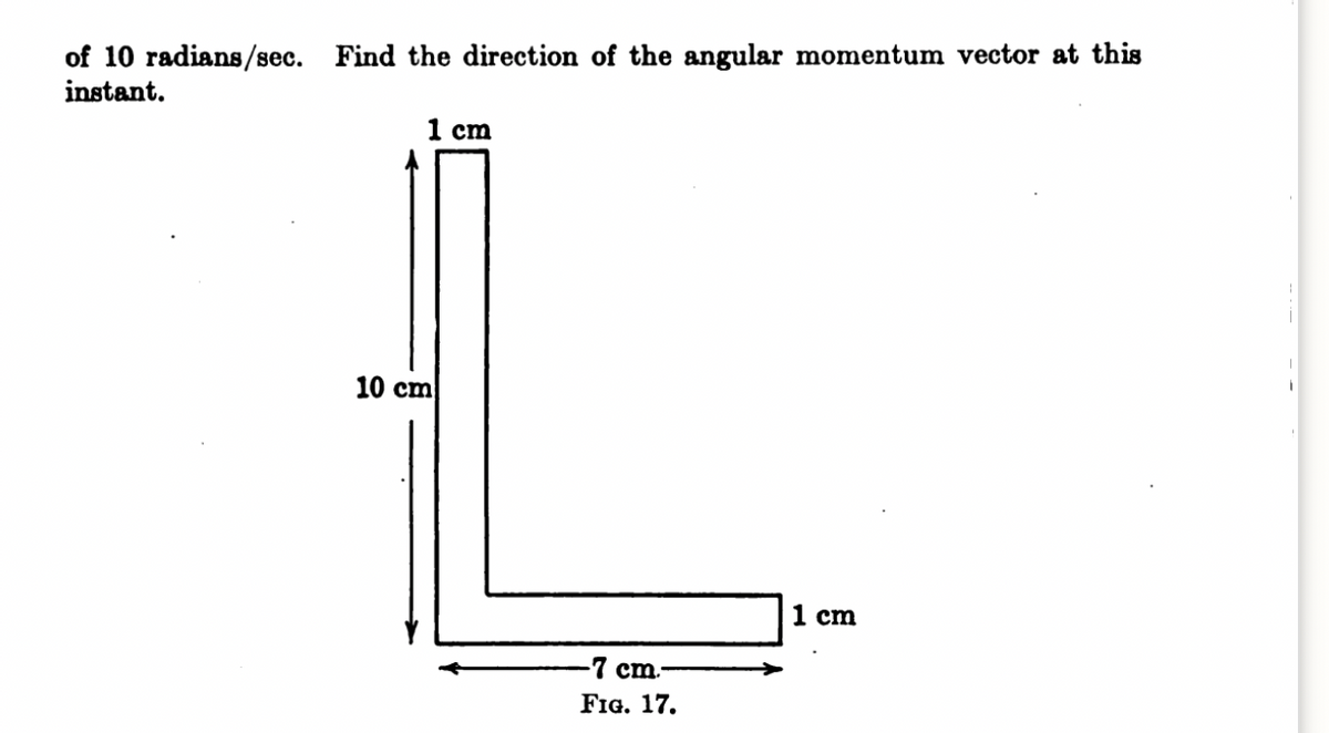 of 10 radians/sec. Find the direction of the angular momentum vector at this
instant.
1 cm
10 cm
1 cm
7 cm.
FIG. 17.
