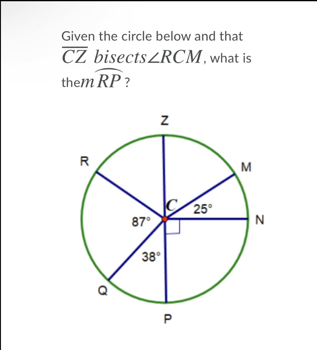 Given the circle below and that
CZ bisectsZRCM, what is
them RP ?
R
M
25°
87°
N
38°

