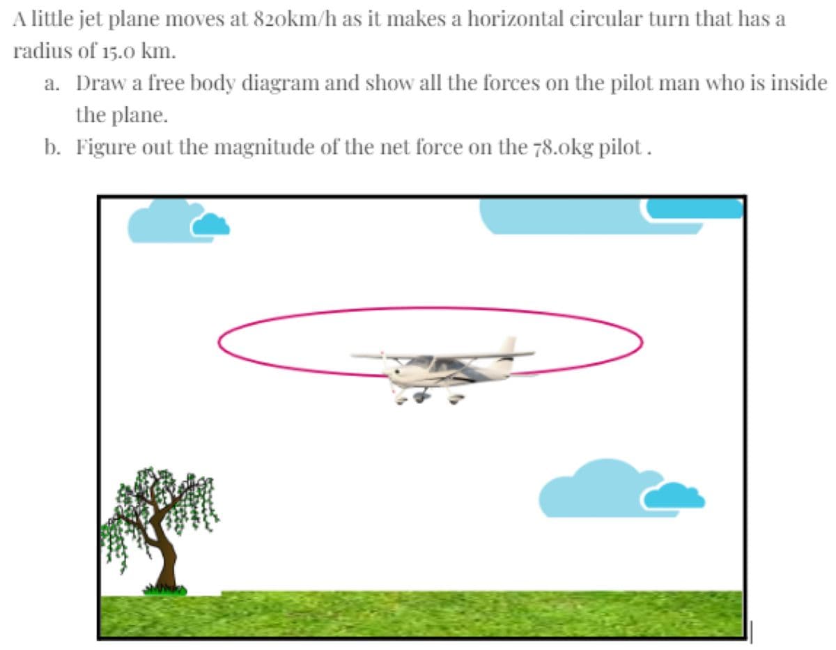 A little jet plane moves at 820km/h as it makes a horizontal circular turn that has a
radius of 15.0 km.
a. Draw a free body diagram and show all the forces on the pilot man who is inside
the plane.
b. Figure out the magnitude of the net force on the 78.okg pilot.