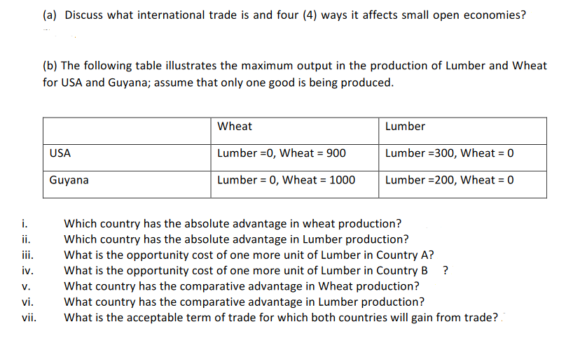 (a) Discuss what international trade is and four (4) ways it affects small open economies?
(b) The following table illustrates the maximum output in the production of Lumber and Wheat
for USA and Guyana; assume that only one good is being produced.
USA
Guyana
Wheat
Lumber
Lumber =0, Wheat = 900
Lumber =300, Wheat = 0
Lumber 0, Wheat = 1000
Lumber =200, Wheat = 0
i.
ii.
iii.
iv.
V.
vi.
vii.
Which country has the absolute advantage in wheat production?
Which country has the absolute advantage in Lumber production? |
What is the opportunity cost of one more unit of Lumber in Country A? |
What is the opportunity cost of one more unit of Lumber in Country B ?
What country has the comparative advantage in Wheat production?|
What country has the comparative advantage in Lumber production? |
What is the acceptable term of trade for which both countries will gain from trade?!