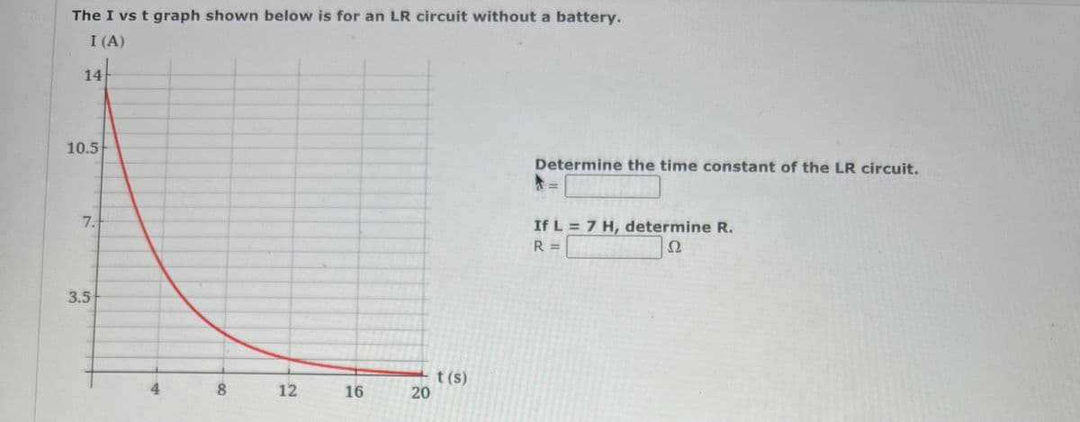 The I vs t graph shown below is for an LR circuit without a battery.
I (A)
12
16
14
10.5
7.
3.5
4
8
20
t(s)
Determine the time constant of the LR circuit.
=
If L = 7 H, determine R.
R =
Ω