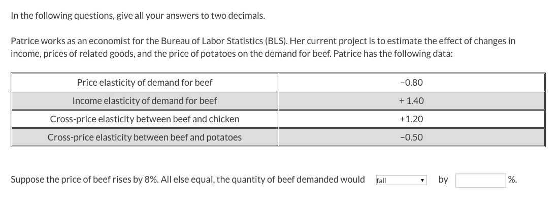 In the following questions, give all your answers to two decimals.
Patrice works as an economist for the Bureau of Labor Statistics (BLS). Her current project is to estimate the effect of changes in
income, prices of related goods, and the price of potatoes on the demand for beef. Patrice has the following data:
Price elasticity of demand for beef
-0.80
Income elasticity of demand for beef
+ 1.40
Cross-price elasticity between beef and chicken
+1.20
Cross-price elasticity between beef and potatoes
-0.50
Suppose the price of beef rises by 8%. All else equal, the quantity of beef demanded would
fall
by
%.
