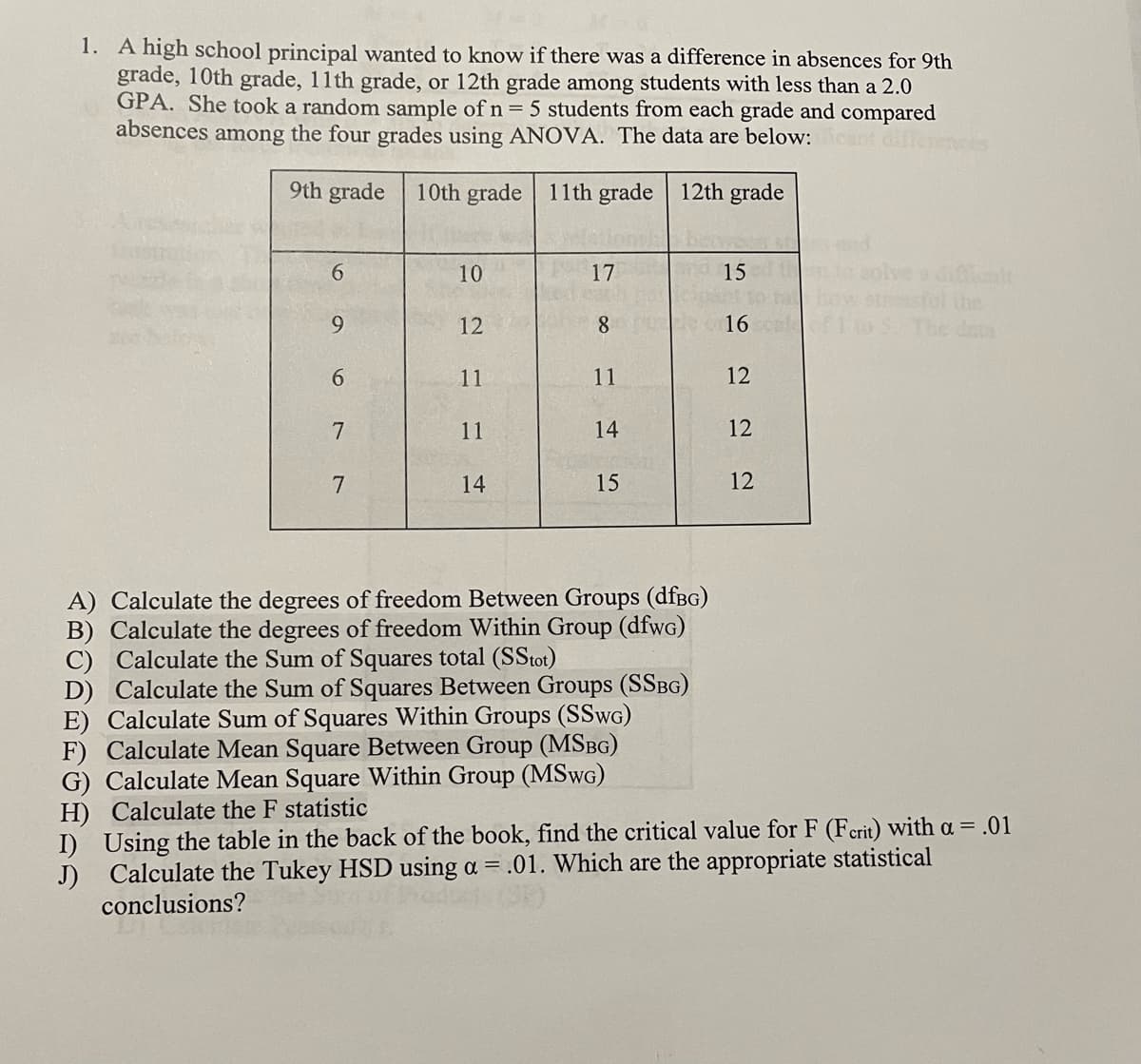 1. A high school principal wanted to know if there was a difference in absences for 9th
grade, 10th grade, 11th grade, or 12th grade among students with less than a 2.0
GPA. She took a random sample of n = 5 students from each grade and compared
absences among the four grades using ANOVA. The data are below:
9th grade
10th grade 11 th grade 12th grade
vee ditiont
ssfol the
The data
10
17
15
9.
12
8.
16
6.
11
11
12
7
11
14
12
7
14
15
12
A) Calculate the degrees of freedom Between Groups (dfBG)
B) Calculate the degrees of freedom Within Group (dfwG)
C) Calculate the Sum of Squares total (SStot)
D) Calculate the Sum of Squares Between Groups (SSBG)
E) Calculate Sum of Squares Within Groups (SSWG)
F) Calculate Mean Square Between Group (MSBG)
G) Calculate Mean Square Within Group (MSWG)
H) Calculate the F statistic
I) Using the table in the back of the book, find the critical value for F (Ferit) with a = .01
J) Calculate the Tukey HSD using a = .01. Which are the appropriate statistical
conclusions?
6
