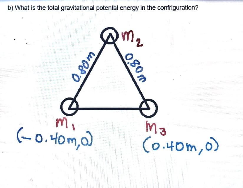 b) What is the total gravitational potential energy in the confriguration?
Mi
(-0.40m,a)
(o.40m,0)
0.80m
