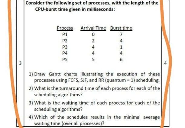 Consider the following set of processes, with the length of the
CPU-burst time given in milliseconds:
Process Arrival Time Burst time
TTT
P1
7
P2
2
4
P3
4
1
P4
4
4
P5
5
6
1) Draw Gantt charts illustrating the execution of these
processes using FCFS, SJF, and RR (quantum = 1) scheduling.
2) What is the turnaround time of each process for each of the
scheduling algorithms?
3) What is the waiting time of each process for each of the
scheduling algorithms?
4) Which of the schedules results in the minimal average
waiting time (over all processes)?
3.
