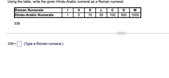 Using the table, write the given Hindu-Arabic numeral as a Roman numeral.
V XL CDM
Roman Numerals
Hindu-Arabic Numerals
1 5
10 50| 100 500 1000
339
339 =
(Type a Roman numeral.)
