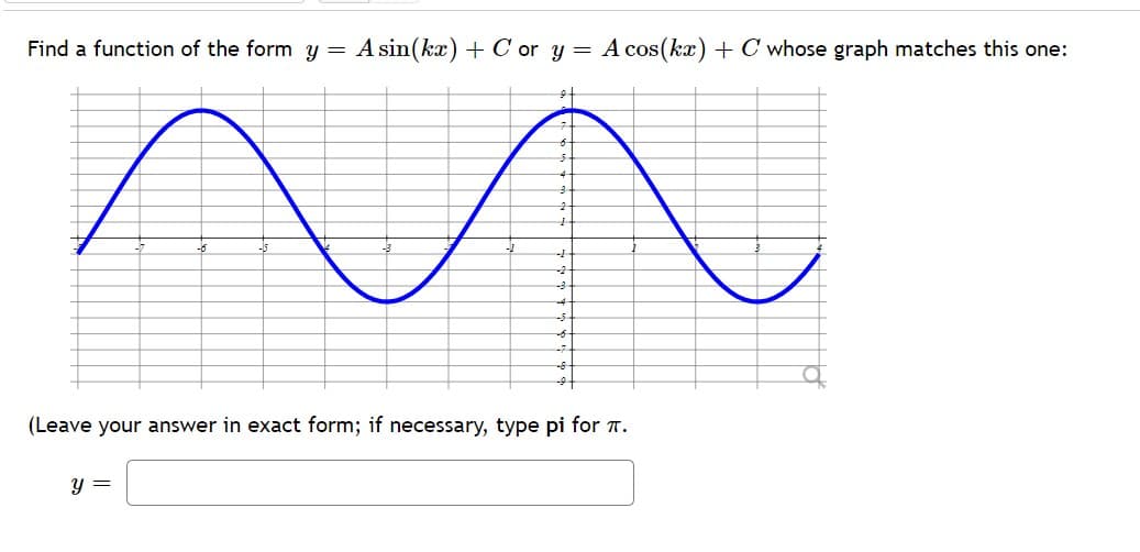 Find a function of the form y =
A sin(kx) + C or y = A cos(kx) + C whose graph matches this one:
--
-5
(Leave your answer in exact form; if necessary, type pi for T.
y =
