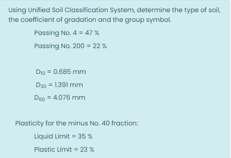 Using Unified Soil Classification System, determine the type of soil,
the coefficient of gradation and the group symbol.
Passing No. 4 = 47 %
Passing No. 200 = 22 %
Di0 = 0.685 mm
D30 = 1.391 mm
De0 = 4.076 mm
Plasticity for the minus No. 40 fraction:
Liquid Limit = 35 %
Plastic Limit = 23 %
