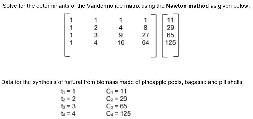 Solve for the determinants of the Vandermonde matrix using the Newton method as given below.
1
1
11
1
1
1
2
3
8
27
64
29
65
125
4
1
1
16
Data for the synthesis of furfural from biomass made of pineapple peels, bagasse and pili shells:
C, = 11
C2 = 29
C3 = 65
C4 = 125
t, = 1
t2 = 2
t3 = 3
ta = 4
%3D
