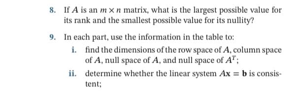 8. If A is an m xn matrix, what is the largest possible value for
its rank and the smallest possible value for its nullity?
9. In each part, use the information in the table to:
i. find the dimensions of the row space of A, column space
of A, null space of A, and null space of AT;
ii. determine whether the linear system Ax = b is consis-
tent;
