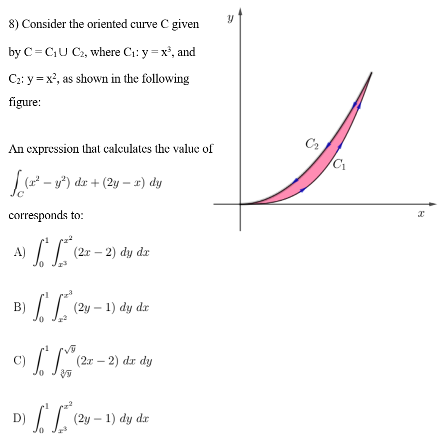 8) Consider the oriented curve C given
by C=C₁U C2, where C₁: y = x³, and
C₂: y = x², as shown in the following
figure:
An expression that calculates the value of
√ √(x² − y²) dx + (2y − x) dy
corresponds to:
A) [²²
(2x - 2) dy dx
23
B) f f (2y - 1) dy dx
c) √ √² (2x - 2) dx dy
3/4
D)
(24-1) dy d
dx
Y
C₂
C₁
X