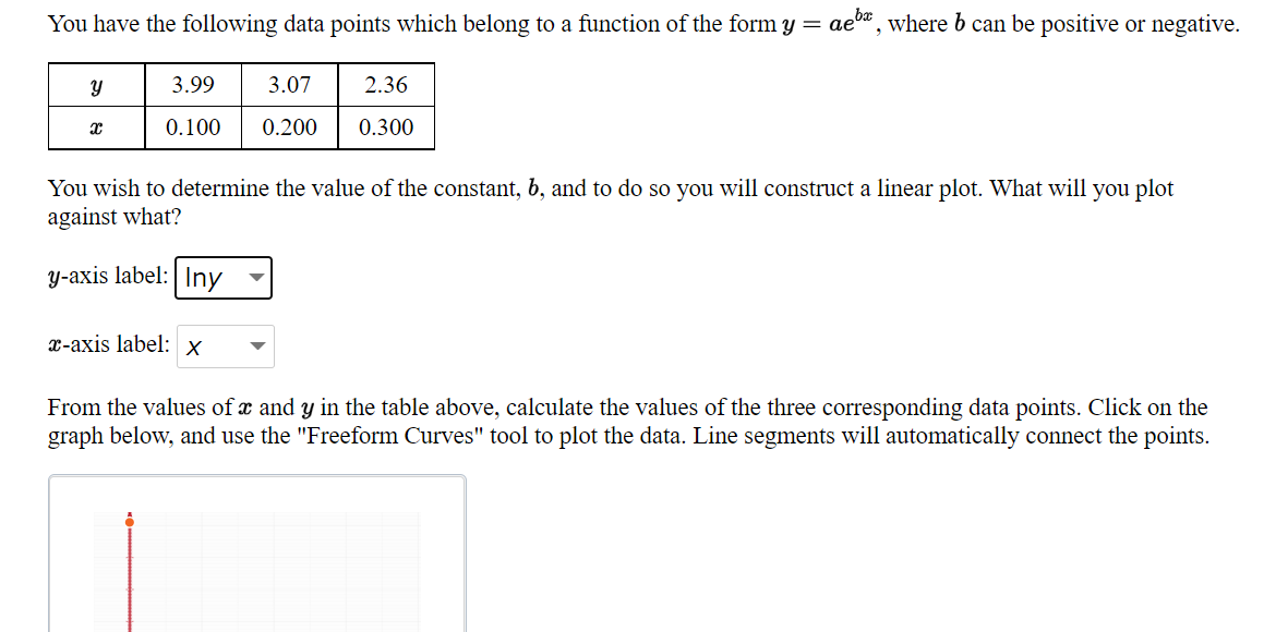 You have the following data points which belong to a function of the form y =
aeba, where b can be positive or negative.
3.99
3.07
2.36
0.100
0.200
0.300
You wish to determine the value of the constant, b, and to do so you will construct a linear plot. What will you plot
against what?
y-axis label: Iny
x-axis label: x
From the values of æ and y in the table above, calculate the values of the three corresponding data points. Click on the
graph below, and use the "Freeform Curves" tool to plot the data. Line segments will automatically connect the points.
