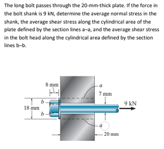 The long bolt passes through the 20-mm-thick plate. If the force in
the bolt shank is 9 kN, determine the average normal stress in the
shank, the average shear stress along the cylindrical area of the
plate defined by the section lines a-a, and the average shear stress
in the bolt head along the cylindrical area defined by the section
lines b-b.
18 mm
b
8 mm
7 mm
20 mm
9 kN