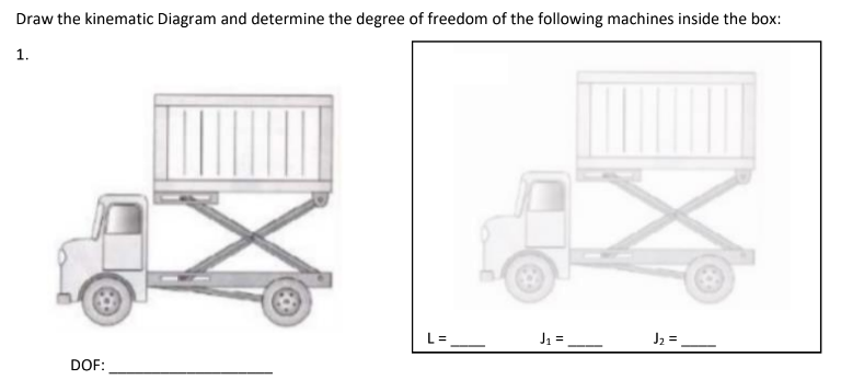 Draw the kinematic Diagram and determine the degree of freedom of the following machines inside the box:
1.
DOF:
L=
J₁ =
J₂ =