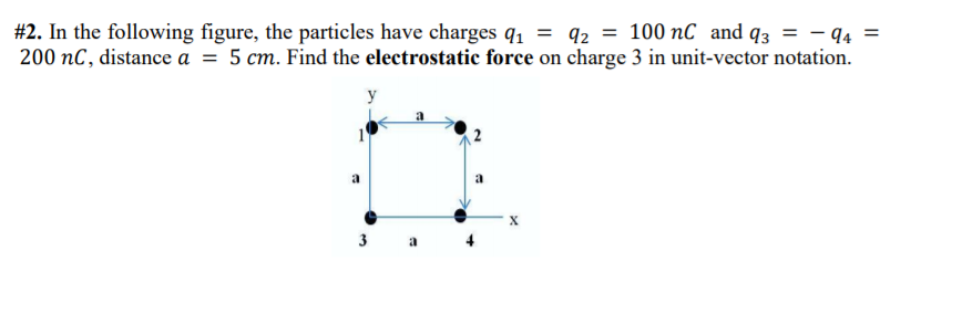 #2. In the following figure, the particles have charges q1 = q2 = 100 nC and q3 = – 44 =
200 nC, distance a = 5 cm. Find the electrostatic force on charge 3 in unit-vector notation.
y
X
3 a
