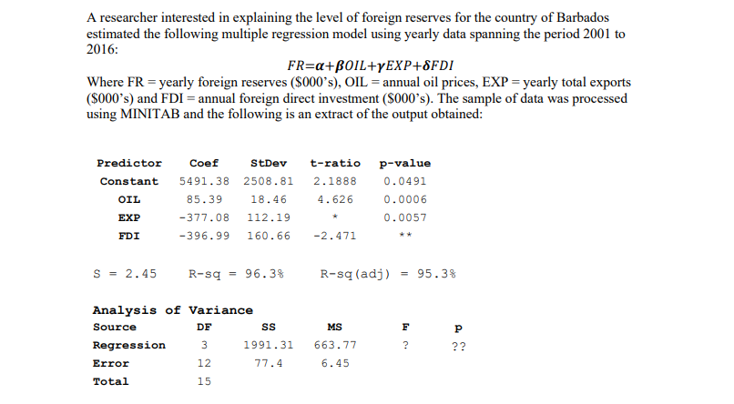 A researcher interested in explaining the level of foreign reserves for the country of Barbados
estimated the following multiple regression model using yearly data spanning the period 2001 to
2016:
FR=a+BOIL+YEXP+8FDI
Where FR = yearly foreign reserves ($000°s), OIL = annual oil prices, EXP = yearly total exports
(S000's) and FDI = annual foreign direct investment (S000's). The sample of data was processed
using MINITAB and the following is an extract of the output obtained:
Predictor
Coef
StDev
t-ratio
p-value
Constant
5491.38 2508.81
2.1888
0.0491
OIL
85.39
18.46
4.626
0.0006
EXP
-377.08
112.19
0.0057
FDI
-396.99
160.66
-2.471
**
s = 2.45
R-sq
= 96.3%
R-sq (adj)
= 95.3%
Analysis of Variance
Source
DF
MS
F
Regression
3
1991.31
663.77
??
Error
12
77.4
6.45
Total
15
