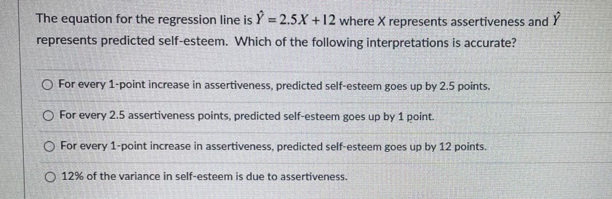 The equation for the regression line is Y = 2.5X + 12 where X represents assertiveness and
represents predicted self-esteem. Which of the following interpretations is accurate?
O For every 1-point increase in assertiveness, predicted self-esteem goes up by 2.5 points.
O For every 2.5 assertiveness points, predicted self-esteem goes up by 1 point.
For every 1-point increase in assertiveness, predicted self-esteem goes up by 12 points.
O 12% of the variance in self-esteem is due to assertiveness.