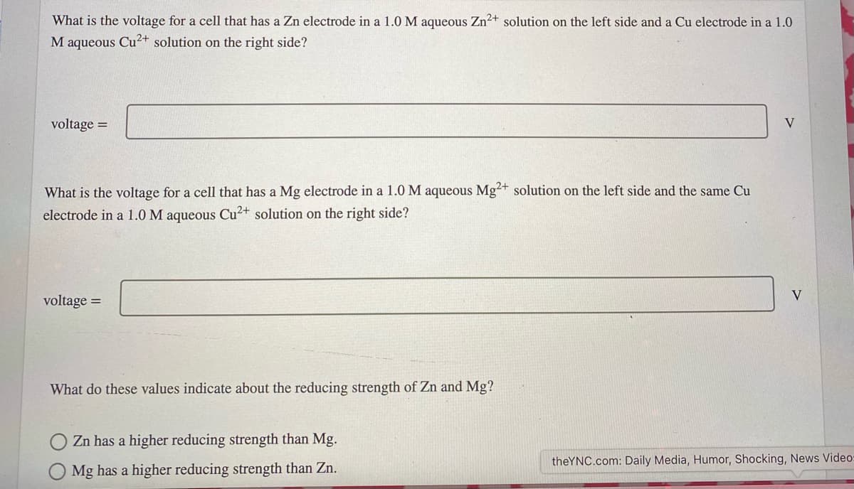 What is the voltage for a cell that has a Zn electrode in a 1.0 M aqueous Zn²+ solution on the left side and a Cu electrode in a 1.0
M aqueous Cu²+ solution on the right side?
voltage =
V
What is the voltage for a cell that has a Mg electrode in a 1.0 M aqueous Mg²+ solution on the left side and the same Cu
electrode in a 1.0 M aqueous Cu2+ solution on the right side?
V
voltage =
What do these values indicate about the reducing strength of Zn and Mg?
Zn has a higher reducing strength than Mg.
theYNC.com: Daily Media, Humor, Shocking, News Video:
Mg has a higher reducing strength than Zn.
