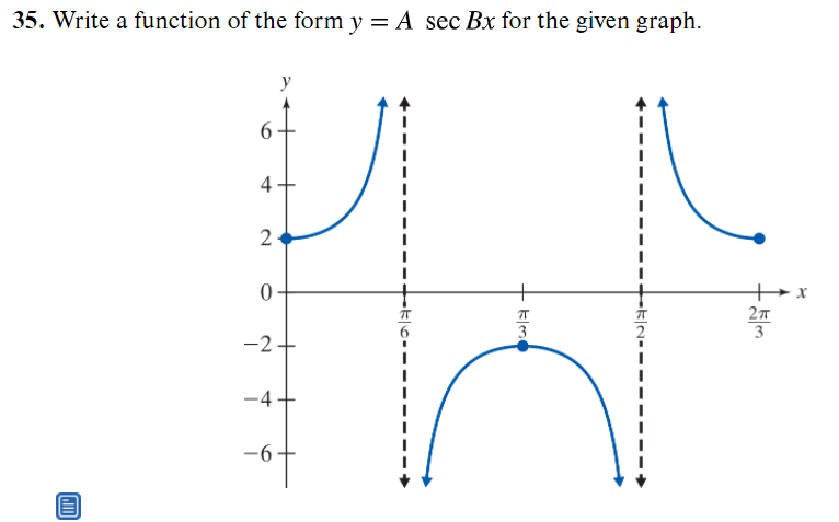 35. Write a function of the form y = A sec Bx for the given graph.
y
6.
4
2
3
3
-2-
-4
-6
