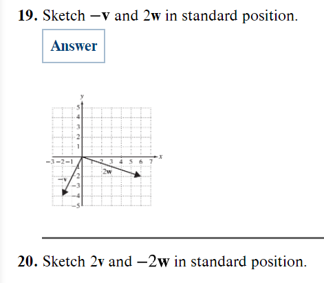 19. Sketch -v and 2w in standard position.
Answer
2
20. Sketch 2v and -2w in standard position.
-3-2-1