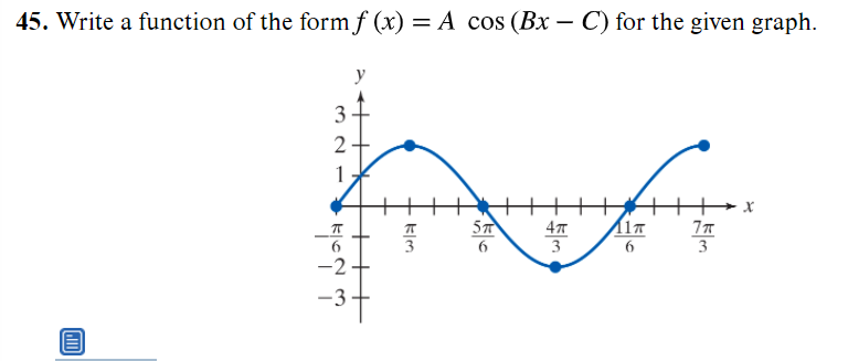 45. Write a function of the form f (x) = A cos (Bx – C) for the given graph.
y
3
57
6
3
6
3
6
3
-2-
-37

