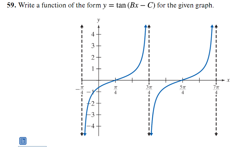 59. Write a function of the form y = tan (Bx – C) for the given graph.
y
3
2-
4
4
4
-2
-3

