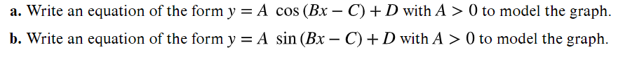 a. Write an equation of the form y = A cos (Bx – C) + D with A > 0 to model the graph.
%3D
b. Write an equation of the form y = A sin (Bx – C) + D with A > 0 to model the graph.
