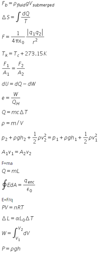 Fb =P fluidgV submerged
AS =
1 |4192|
F =
4περ
Tk =T+273.15K
F1
F2
A1 A2
dU = dQ – dW
W
e =
QH
Q = mcAT
p =m/V
P2+ pgh; + pv3 =P1+pgh, +ovi
=pgh1+
Pi+
A1V1= A2V2
F=ma
Q = mL
9 enc
þEda =
€0
E=F/q
PV = nRT
AL = «L0AT
W =
dv
P= pgh
