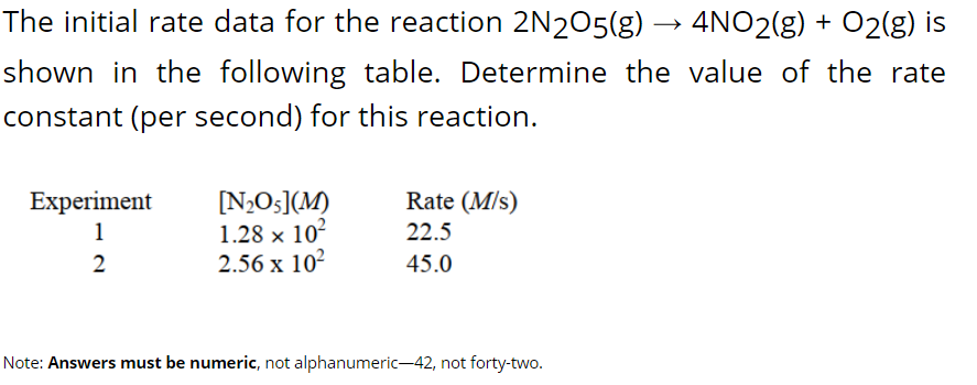 The initial rate data for the reaction 2N205(g) → 4NO2(g) + O2(g) is
shown in the following table. Determine the value of the rate
constant (per second) for this reaction.
Experiment
Rate (M/s)
[N;Os](M)
1.28 x 10²
2.56 x 10?
1
22.5
45.0
Note: Answers must be numeric, not alphanumeric-42, not forty-two.
