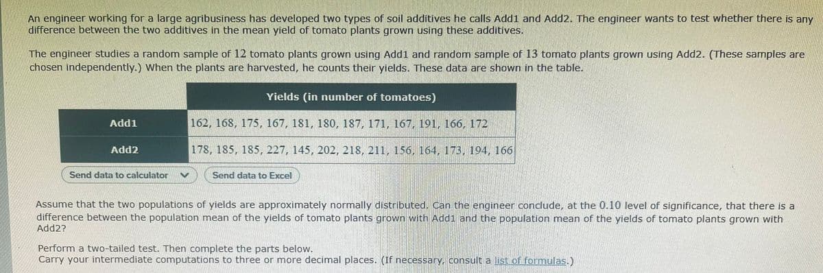 An engineer working for a large agribusiness has developed two types of soil additives he calls Add1 and Add2. The engineer wants to test whether there is any
difference between the two additives in the mean yield of tomato plants grown using these additives.
The engineer studies a random sample of 12 tomato plants grown using Add1 and random sample of 13 tomato plants grown using Add2. (These samples are
chosen independently.) When the plants are harvested, he counts their yields. These data are shown in the table.
Yields (in number of tomatoes)
Add1
162, 168, 175, 167, 181, 180, 187, 171, 167, 191, 166, 172
Add2
178, 185, 185, 227, 145, 202, 218, 211, 156, 164, 173, 194, 166
Send data to calculator
Send data to Excel
Assume that the two populations of yields are approximately normally distributed. Can the engineer conclude, at the 0.10 level of significance, that there is a
difference between the population mean of the yields of tomato plants grown with Addi and the population mean of the yields of tomato plants grown with
Add2?
Perform a two-tailed test. Then complete the parts below.
Carry your intermediate computations to three or more decimal places. (If necessary, consult a list of formulas.)
