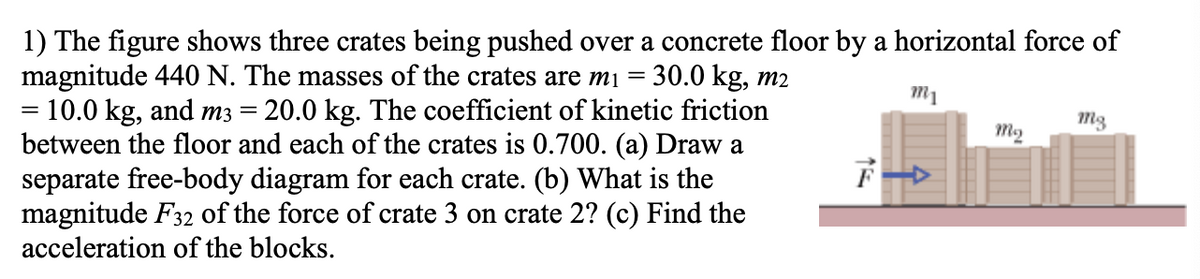 1) The figure shows three crates being pushed over a concrete floor by a horizontal force of
magnitude 440 N. The masses of the crates are mi =
10.0 kg, and m3 = 20.0 kg. The coefficient of kinetic friction
between the floor and each of the crates is 0.700. (a) Draw a
separate free-body diagram for each crate. (b) What is the
magnitude F32 of the force of crate 3 on crate 2? (c) Find the
acceleration of the blocks.
30.0 kg, m2
m1
