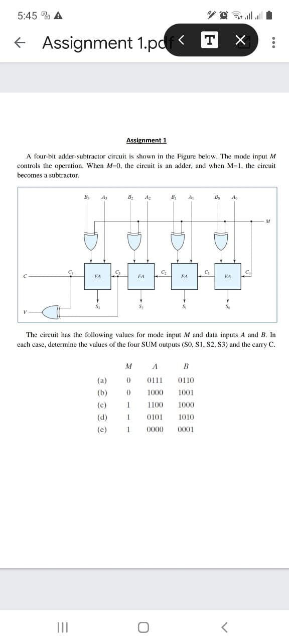 5:45 % A
f Assignment 1.pdf< T
Assignment 1
A four-bit adder-subtractor circuit is shown in the Figure below. The mode input M
controls the operation. When M=0, the circuit is an adder, and when M=1, the circuit
becomes a subtractor.
B3
A3
B2
A2
A1
Ag
FA
FA
FA
FA
The circuit has the following values for mode input M and data inputs A and B. In
each case, determine the values of the four SUM outputs (S0, S1, S2, S3) and the carry C.
M
A
В
(а)
0111
0110
(b)
1000
1001
(c)
1
1100
1000
(d)
1
0101
1010
(e)
0000
0001
II
...
