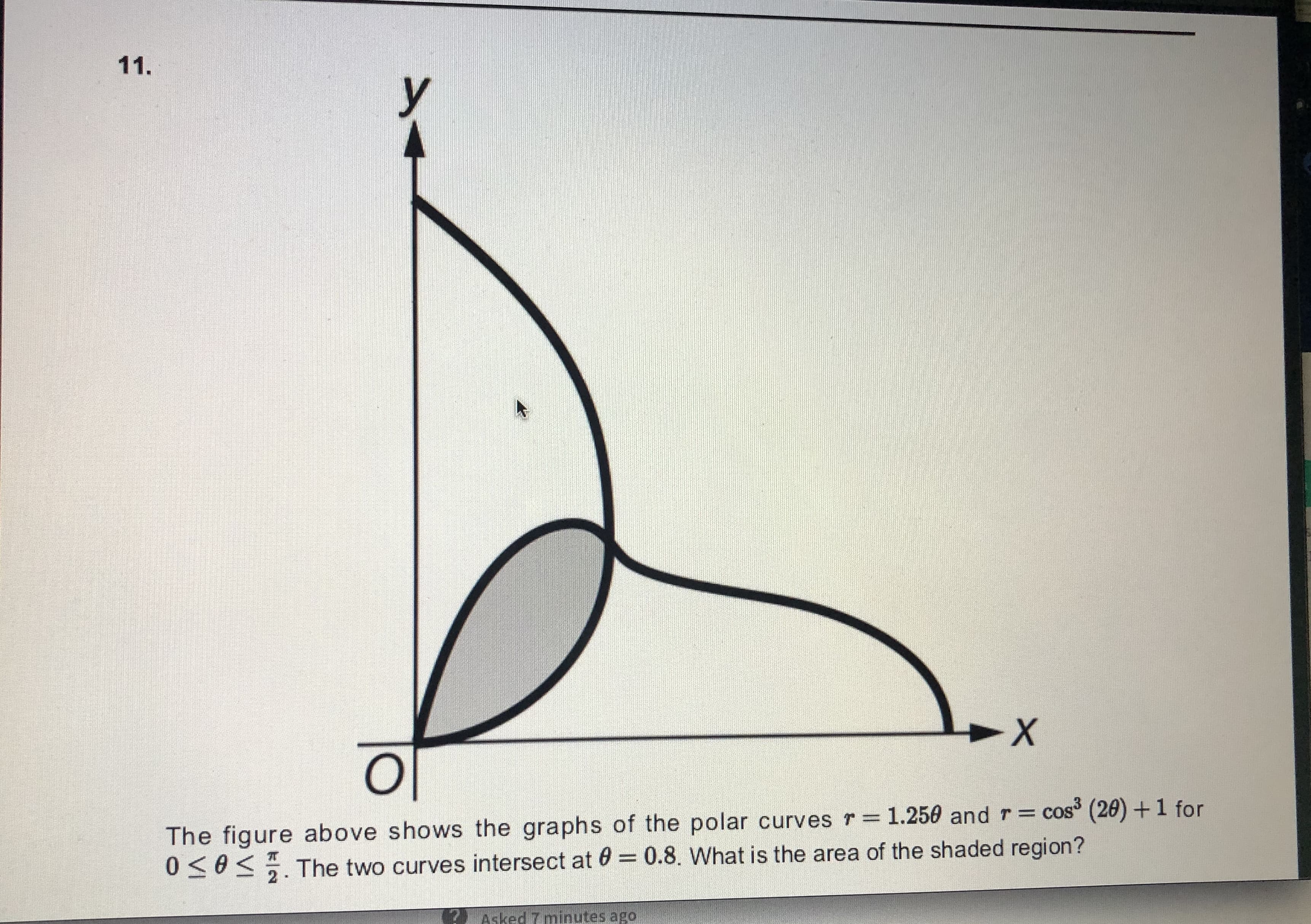 11.
The figure above shows the graphs of the polar curves r = 1.250 and r= cos (20) +1 for
0305. The two curves intersect at 0 = 0.8. What is the area of the shaded region?
%3D
Asked 7 minutes ago
