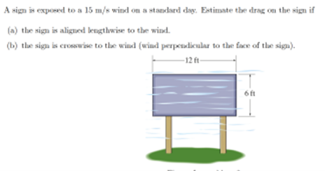A sign is exposed to a 15 m/s wind on a standard day. Estimate the drag on the sign if
(a) the sign is aligned lengthwise to the wind.
(b) the sign is crosswise to the wind (wind perpendicular to the face of the sign).
-12 ft-
6 ft