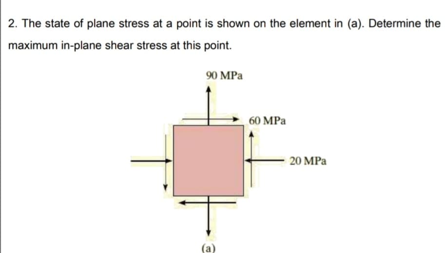 2. The state of plane stress at a point is shown on the element in (a). Determine the
maximum in-plane shear stress at this point.
90 MPa
60 MPa
20 MPa
(a)
