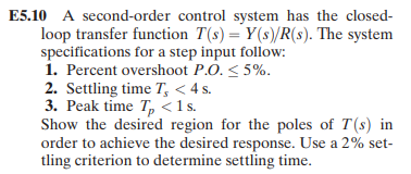 E5.10 A second-order control system has the closed-
loop transfer function T(s) = Y(s)/R(s). The system
specifications for a step input follow:
1. Percent overshoot P.O. < 5%.
2. Settling time T, < 4 s.
3. Peak time T, <1s.
Show the desired region for the poles of T(s) in
order to achieve the desired response. Use a 2% set-
tling criterion to determine settling time.

