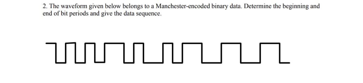 2. The waveform given below belongs to a Manchester-encoded binary data. Determine the beginning and
end of bit periods and give the data sequence.
IT