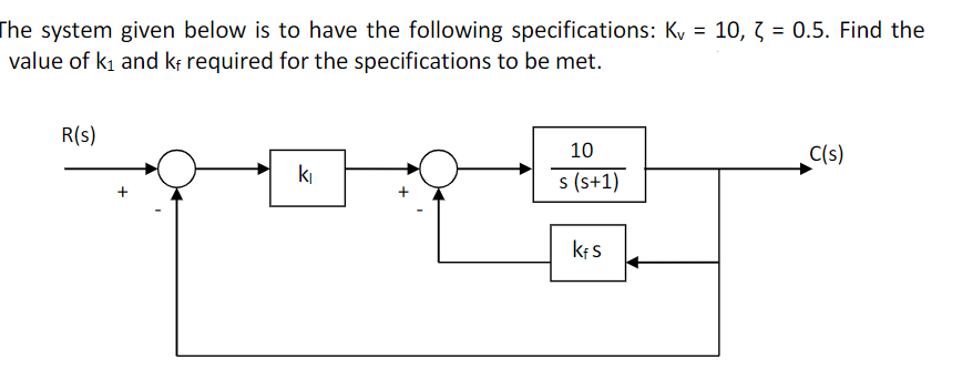 The system given below is to have the following specifications: Ky = 10, 3 = 0.5. Find the
value of ki and k; required for the specifications to be met.
%3D
R(s)
10
C(s)
k
s (s+1)
kfs
